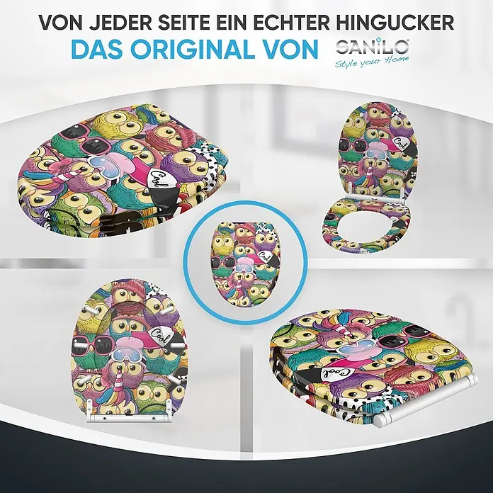 WC-Sitz mit Absenkautomatik & Top Fix Owl -  - Toilettensitz mit buntem, lustigem Cartoon-Eulenmuster, aus verschiedenen Blickwinkeln gezeigt.