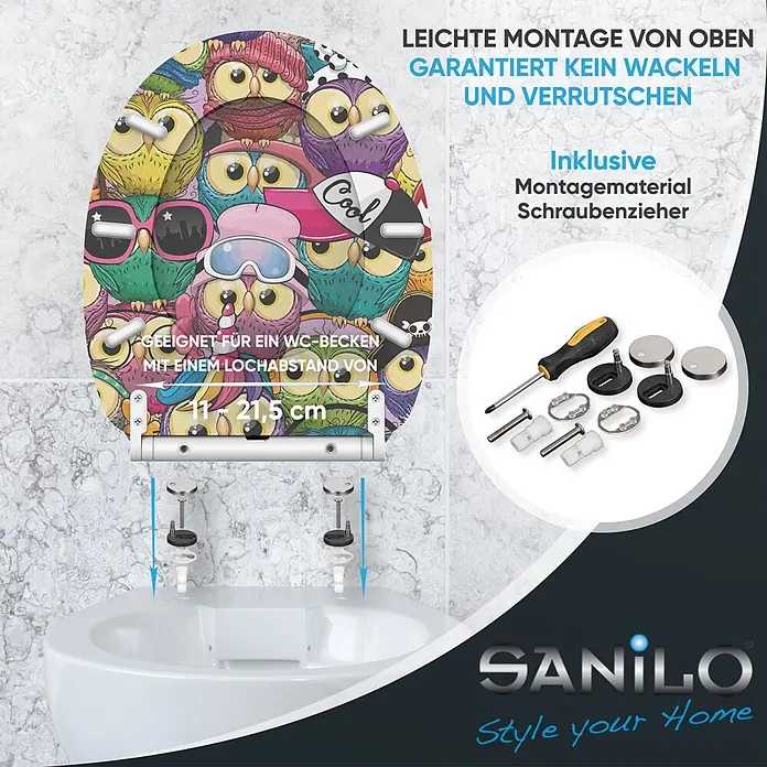 WC-Sitz mit Absenkautomatik & Top Fix Owl -  - WC-Sitz mit Eulenmotiv, einfache Montage von oben, inkl. Befestigungsmaterial und Schraubenzieher, passend für Lochabstand 11-21,5 cm.