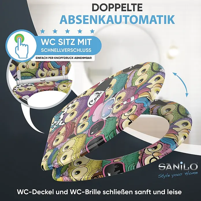 WC-Sitz mit Absenkautomatik & Top Fix Owl -  - Bunter WC-Sitz mit Eulenmotiv, Soft-Close- und Schnellverschlussfunktion für leises Schließen und einfache Abnahme.