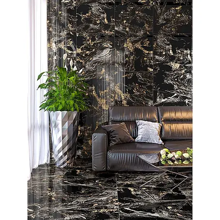 Feinsteinzeugfliese MAGNIFIQUE BLACK – 60 x 120 cm, schwarz, Marmoroptik