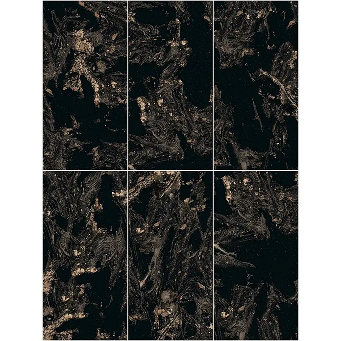 Feinsteinzeugfliese MAGNIFIQUE BLACK – 60 x 120 cm, schwarz, Marmoroptik -  - Dunkle Oberfläche im Marmor-Look mit schimmernden gold-bronzenen Wirbelmustern und Sprenkeln.
