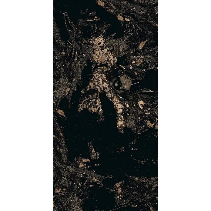 Feinsteinzeugfliese MAGNIFIQUE BLACK – 60 x 120 cm, schwarz, Marmoroptik -  - Abstrakte schwarz-goldene Marmor-Textur mit schimmernden Sprenkeln und flüssigen Mustern, ideal für Hintergründe oder Oberflächen.