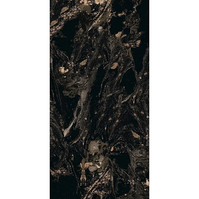Feinsteinzeugfliese MAGNIFIQUE BLACK – 60 x 120 cm, schwarz, Marmoroptik -  - Dunkles Marmormuster mit wirbelnden Gold- und Metallspritzern.