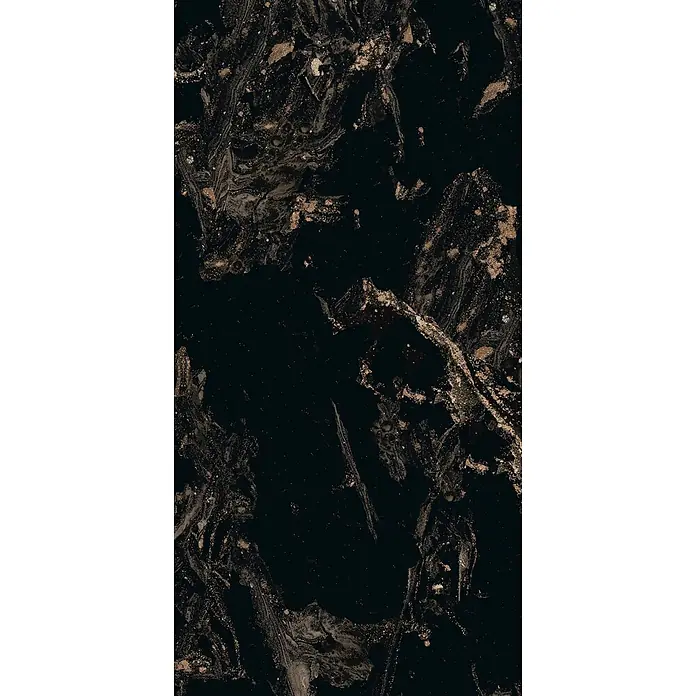 Feinsteinzeugfliese MAGNIFIQUE BLACK – 60 x 120 cm, schwarz, Marmoroptik -  - Dunkles Schwarzmarmor-Muster mit schimmernden Gold- und Bronaadern und Sprenkeln.
