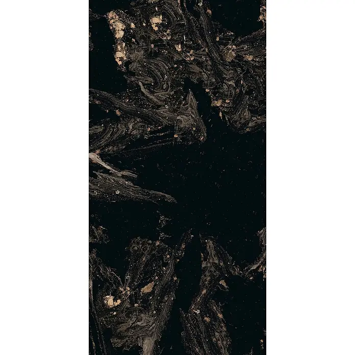 Feinsteinzeugfliese MAGNIFIQUE BLACK – 60 x 120 cm, schwarz, Marmoroptik -  - Dunkle Marmorstruktur mit metallischen Gold- und Kupferakzenten.