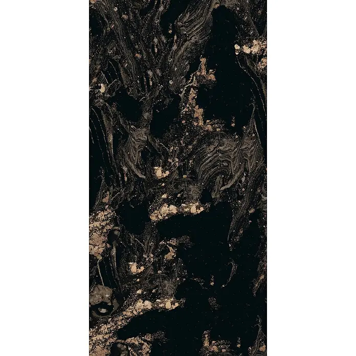 Feinsteinzeugfliese MAGNIFIQUE BLACK – 60 x 120 cm, schwarz, Marmoroptik -  - Dunkle abstrakte Textur mit schimmerndem Goldstaub und fließenden Linien.