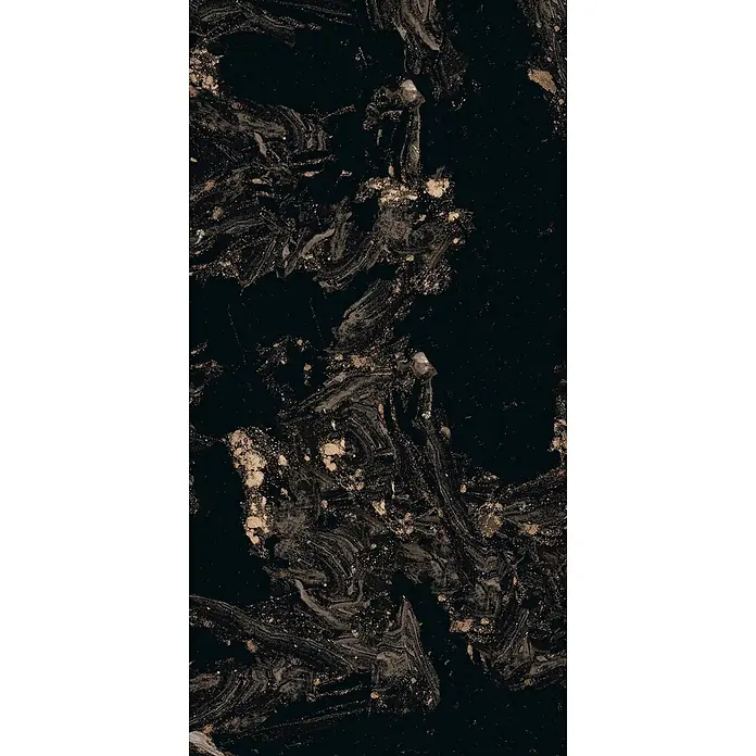 Feinsteinzeugfliese MAGNIFIQUE BLACK – 60 x 120 cm, schwarz, Marmoroptik -  - Dunkles abstraktes Muster mit Goldspritzern und grauer Marmorierung, ähnlich Stein oder Granit.