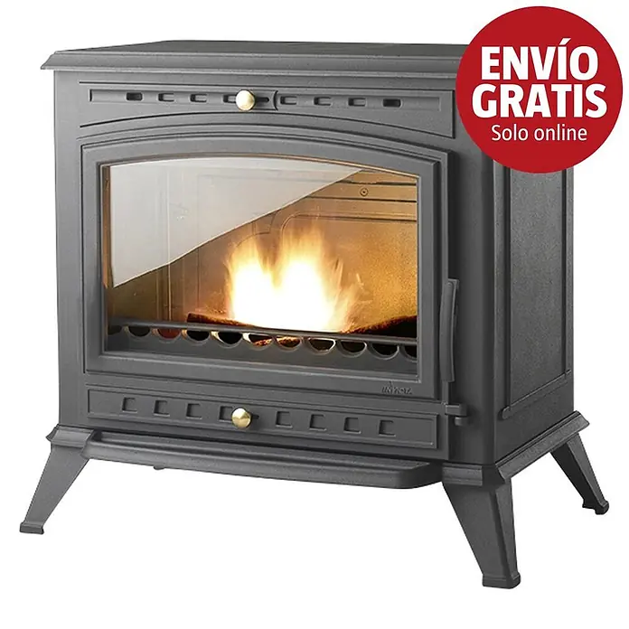 Invicta Estufa de leña Alma - 12 kW, Volumen de calefacción: 360 m³, Antracita - Estufa de leña de hierro fundido gris oscuro con puerta de cristal transparente y fuego ardiendo dentro.