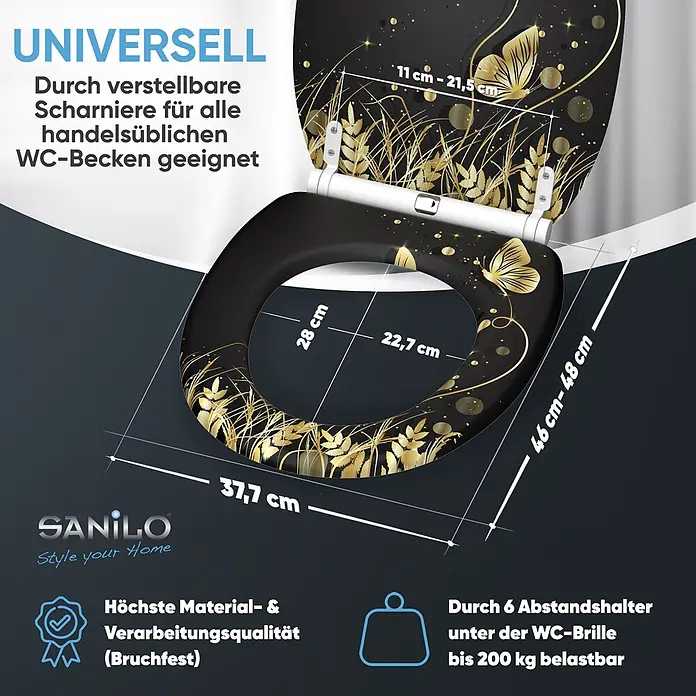 WC-Sitz mit Absenkautomatik & Top Fix Silhouette -  - Schwarzer WC-Sitz mit goldenem Schmetterlings- und Grasmuster. Verstellbare Scharniere für universelle Passform, bruchfestes Material, bis 200kg belastbar.