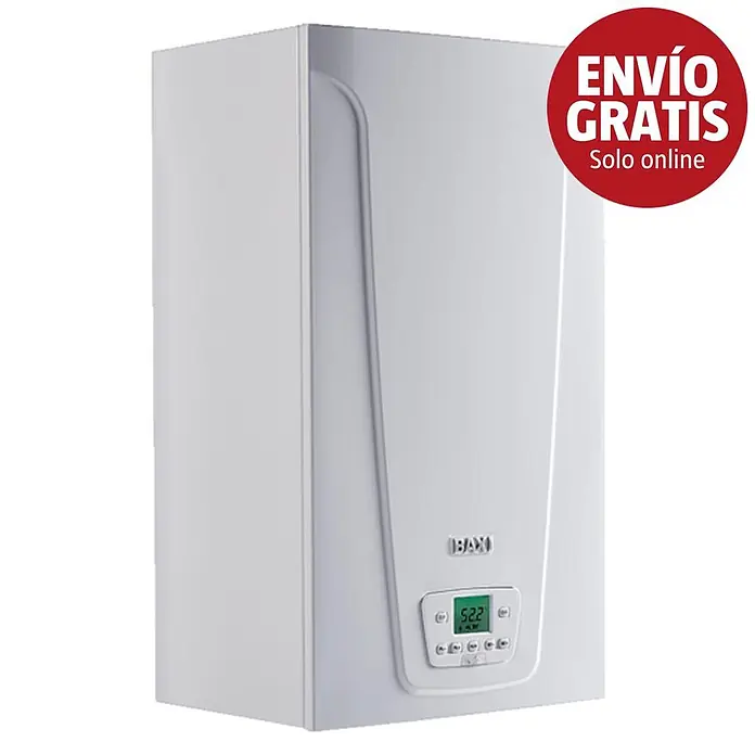 Baxi Caldera Neodens Plus Eco 28 con instalación incluida - 28 kW, 7 l, Display multifunción - Caldera mural blanca con pantalla digital '522' y botones de control. Logotipo BAXI visible.