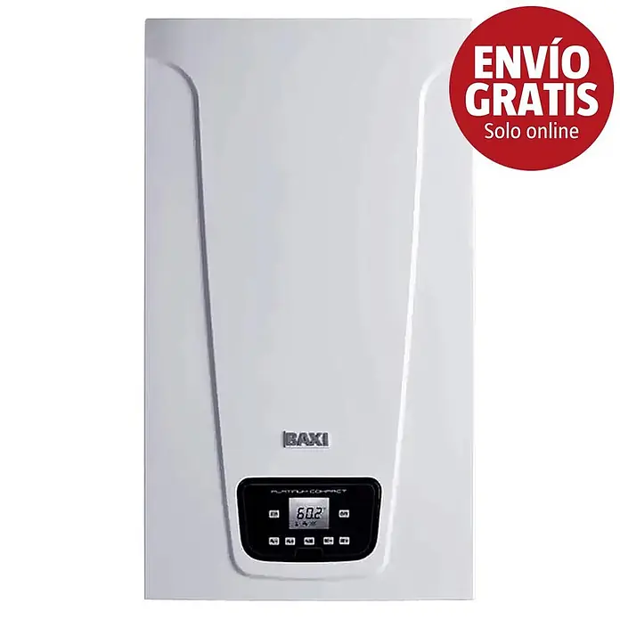 Baxi Caldera Platinum Compact Eco 30 con instalación incluida - 29 kW, 7 l, Display multifunción - Caldera mural blanca BAXI con pantalla digital negra que muestra 60.2, usada para calefacción.