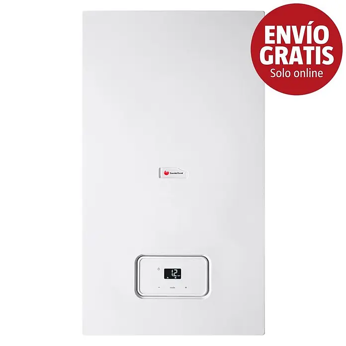 Saunier Duval Caldera Semia Condens 30-A con instalación incluida - 30 kW, 8 l, Display multifunción - Caldera mural blanca con pantalla digital y un círculo rojo 'ENVÍO GRATIS Solo online'.