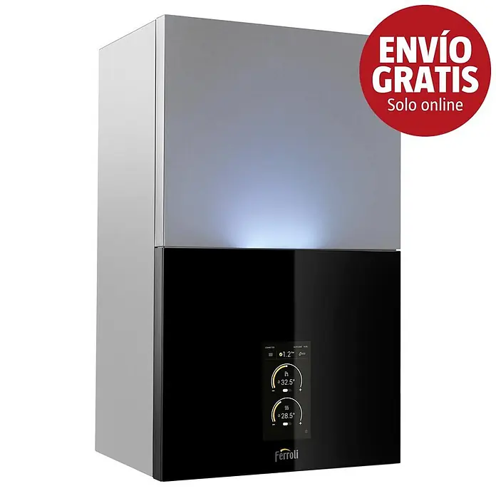 Ferroli Caldera BlueHelix Maxima 28C con instalación incluida - Display multifunción, Capacidad volumétrica: 8 l, 24,5 kW - Caldera Ferroli moderna con parte superior gris plata, frontal negro con pantalla digital de temperatura y un distintivo rojo "ENVÍO GRATIS".