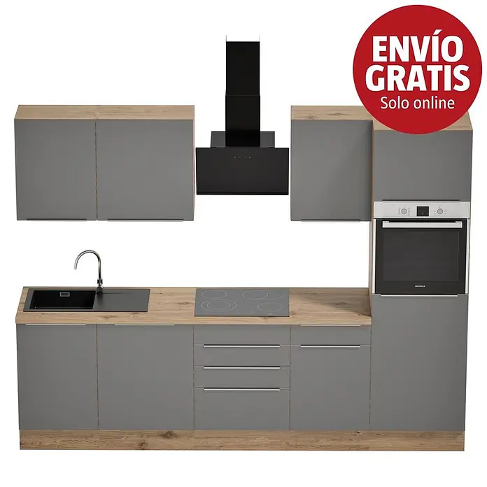 BAUHAUS Composición de cocina Marleen - Ancho: 280 cm, Gris, Color del cuerpo: Marrón, Con electrodomésticos - Cocina modular con muebles grises, encimera de madera, fregadero, vitrocerámica, horno y campana extractora negros.
