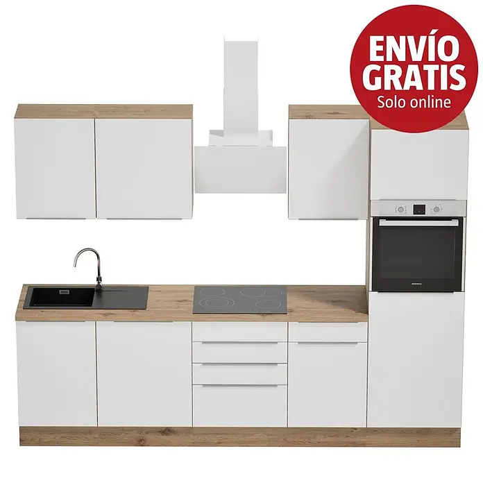 BAUHAUS Composición de cocina Marleen - Ancho: 280 cm, Blanco, Color del cuerpo: Marrón, Con electrodomésticos - Cocina modular con armarios blancos, encimeras efecto madera, fregadero, placa, horno y campana extractora.
