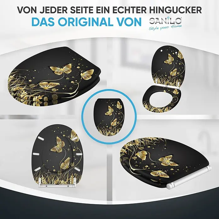 WC-Sitz mit Absenkautomatik & Top Fix Silhouette -  - Schwarzer Toilettensitz mit goldenem Schmetterlings- und Blattdesign, aus verschiedenen Winkeln gezeigt, offen und geschlossen.