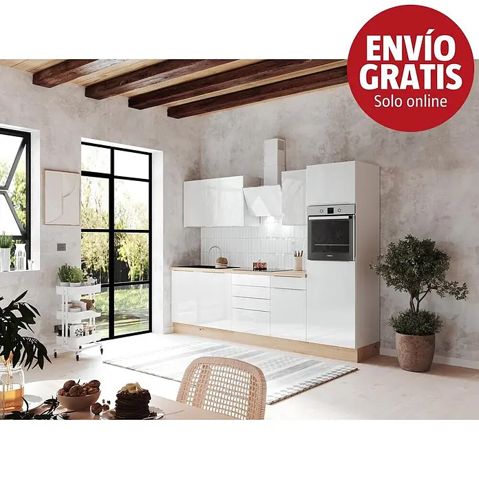 BAUHAUS Composición de cocina Marleen - Ancho: 280 cm, Blanco, Color del cuerpo: Blanco, Con electrodomésticos - Cocina modular blanca moderna con horno integrado y diseño minimalista, en un ambiente luminoso.