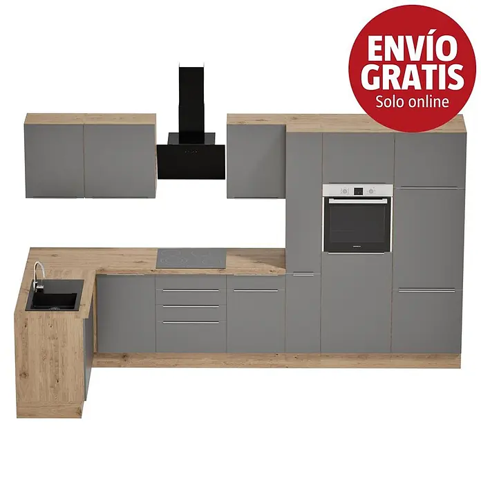 BAUHAUS Cocina esquinera Marleen - An x Pr: 370 x 170 cm, Gris, Mate, Color del cuerpo: Marrón, Con electrodomésticos - Cocina en L con muebles grises, encimera de madera, fregadero negro, placa de inducción, horno y campana extractora.