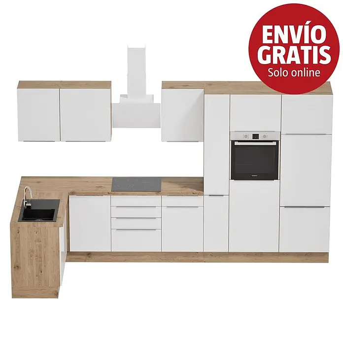 BAUHAUS Cocina esquinera Marleen - An x Pr: 370 x 170 cm, Blanco, Mate, Color del cuerpo: Marrón, Con electrodomésticos - Cocina moderna blanca con encimera efecto madera, horno, vitrocerámica, fregadero y campana extractora integrados.