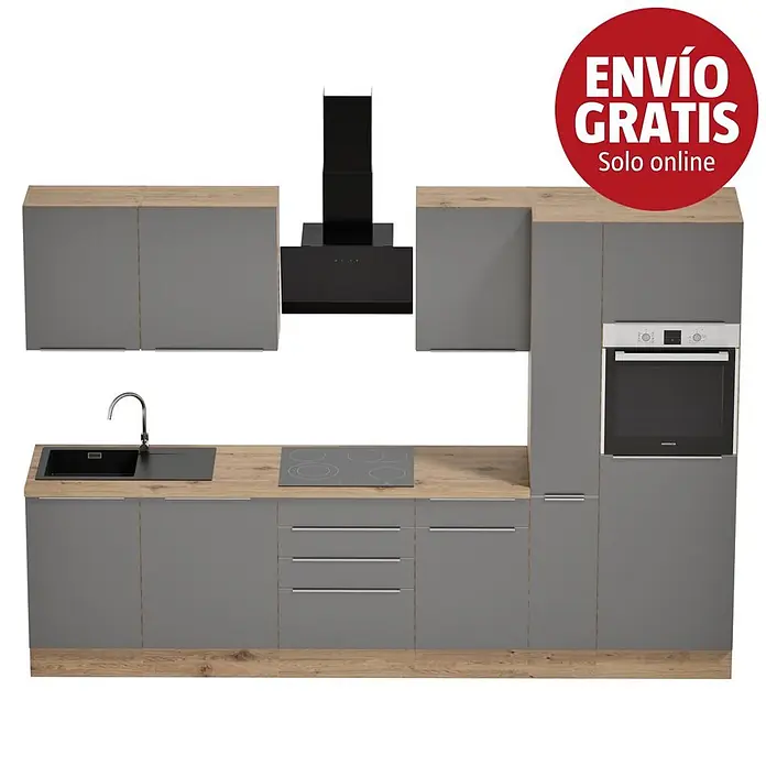 BAUHAUS Composición de cocina Marleen - Ancho: 310 cm, Gris, Color del cuerpo: Marrón, Con electrodomésticos - Cocina moderna gris con encimera de madera, fregadero, placa, horno y campana negros.