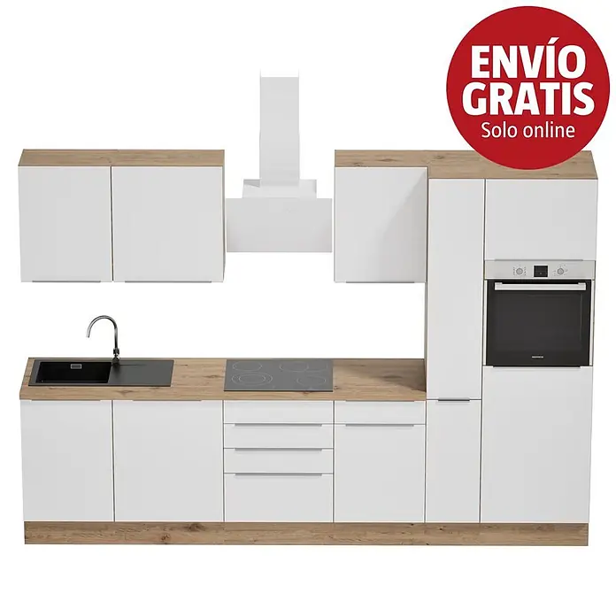 BAUHAUS Composición de cocina Marleen - Ancho: 310 cm, Blanco, Color del cuerpo: Marrón, Con electrodomésticos - Cocina moderna blanca con encimera efecto madera, fregadero, vitrocerámica, horno y campana.