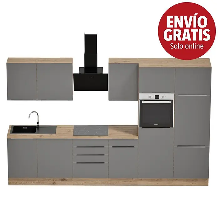 BAUHAUS Composición de cocina Marleen - Ancho: 340 cm, Gris, Color del cuerpo: Marrón, Con electrodomésticos - Cocina moderna gris con encimeras de efecto madera, fregadero negro, vitrocerámica, horno y campana extractora.
