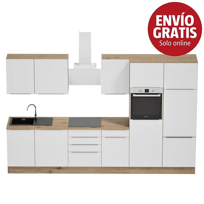BAUHAUS Composición de cocina Marleen - Ancho: 340 cm, Blanco, Color del cuerpo: Marrón, Con electrodomésticos - Muebles de cocina blancos con encimera efecto madera clara, fregadero, placa inducción, horno y campana.