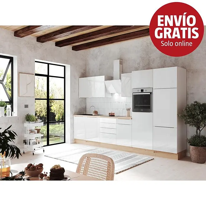 BAUHAUS Composición de cocina Marleen - Ancho: 340 cm, Blanco, Color del cuerpo: Blanco, Con electrodomésticos - Una cocina moderna con muebles blancos brillantes, encimeras de madera y electrodomésticos integrados.