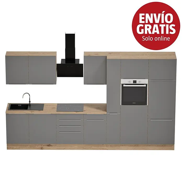 BAUHAUS Composición de cocina Marleen - Ancho: 370 cm, Gris, Color del cuerpo: Marrón, Con electrodomésticos - Cocina moderna gris con encimeras efecto madera, fregadero negro, vitrocerámica, horno integrado y campana.