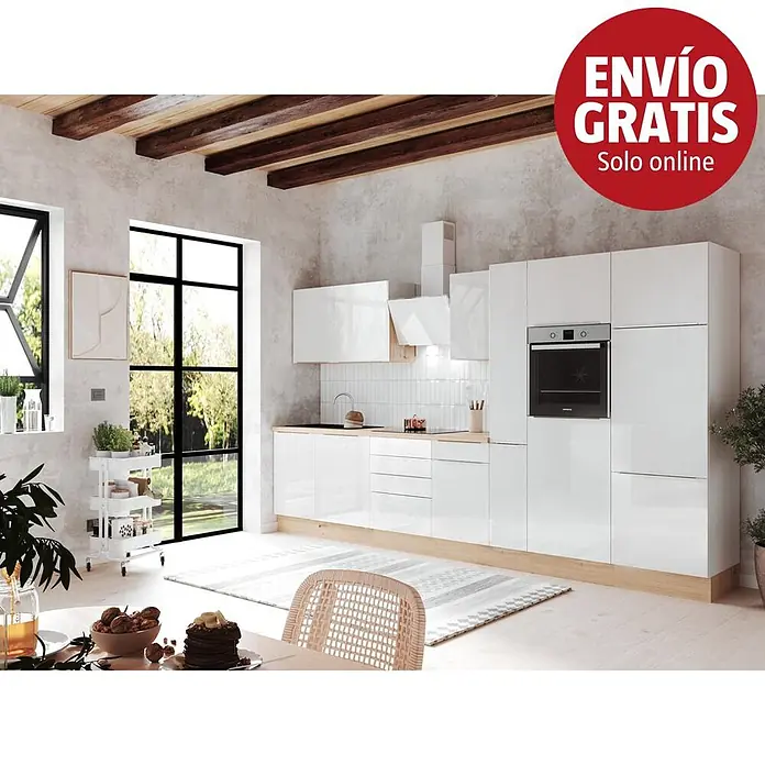 BAUHAUS Composición de cocina Marleen - Ancho: 370 cm, Blanco, Color del cuerpo: Blanco, Con electrodomésticos - Cocina moderna con armarios blancos brillantes, encimeras de madera, horno integrado y campana extractora en un espacio amplio y luminoso.