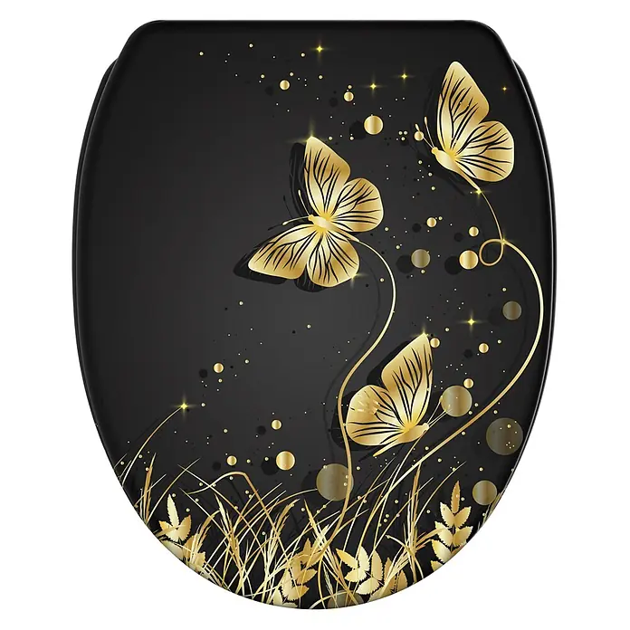 WC-Sitz mit Absenkautomatik & Top Fix Silhouette -  - Schwarzer Toilettensitz mit schimmerndem goldenem Schmetterlings- und Blattmotiv.