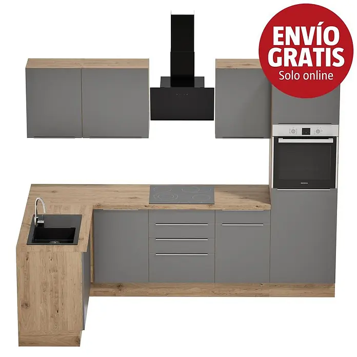 BAUHAUS Cocina esquinera Marleen - An x Pr: 280 x 170 cm, Gris, Mate, Color del cuerpo: Marrón, Con electrodomésticos - Conjunto de cocina gris con encimeras de madera, fregadero integrado, placa de inducción, horno y campana extractora.