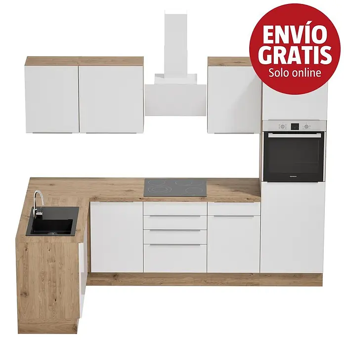 BAUHAUS Cocina esquinera Marleen - An x Pr: 280 x 170 cm, Blanco, Mate, Color del cuerpo: Marrón, Con electrodomésticos - Cocina modular moderna con armarios blancos, encimeras efecto madera, fregadero integrado, placa, horno y campana extractora.