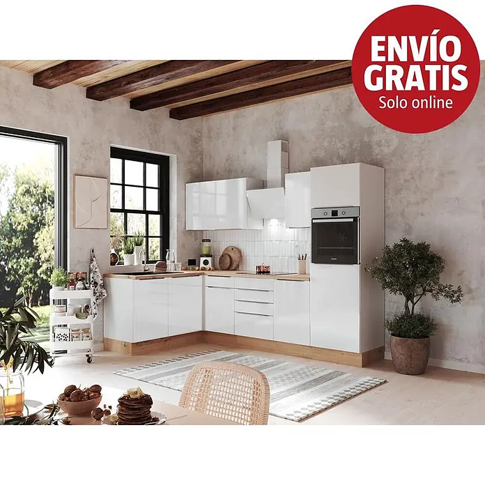 BAUHAUS Cocina esquinera Marleen - An x Pr: 280 x 170 cm, Blanco, Con electrodomésticos, Color del cuerpo: Blanco - Cocina moderna en forma de L con armarios blancos brillantes, encimeras de madera y horno integrado.