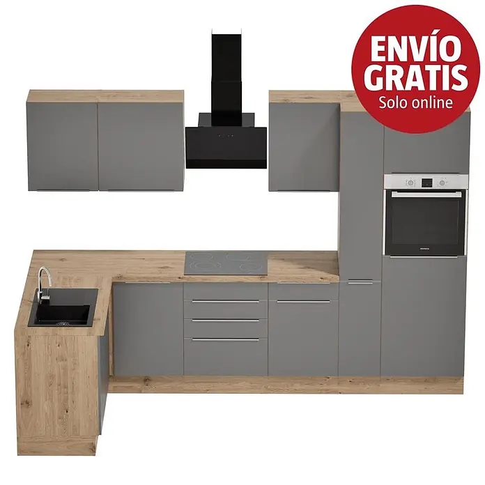 BAUHAUS Cocina esquinera Marleen - An x Pr: 310 x 170 cm, Gris, Mate, Color del cuerpo: Marrón, Con electrodomésticos - Cocina moderna en L con muebles grises, encimera de madera, fregadero negro, placa de inducción, horno integrado y campana extractora.