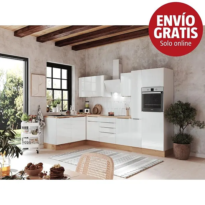 BAUHAUS Cocina esquinera Marleen - An x Pr: 310 x 170 cm, Blanco, Con electrodomésticos, Color del cuerpo: Blanco - Moderna cocina blanca de alto brillo con encimeras de madera en una sala espaciosa con comedor.