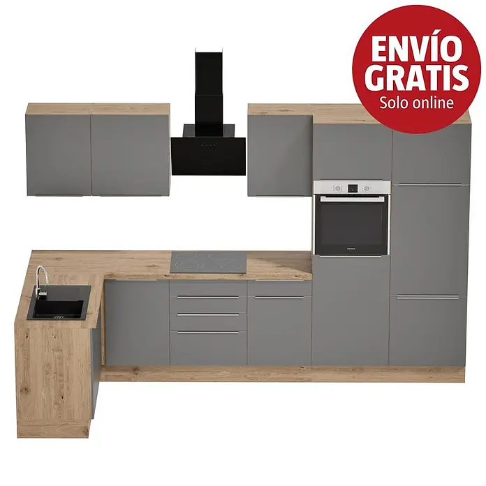 BAUHAUS Cocina esquinera Marleen - An x Pr: 340 x 170 cm, Gris, Mate, Color del cuerpo: Marrón, Con electrodomésticos - Conjunto de cocina en L con muebles grises, encimera de madera, fregadero integrado, placa, horno y campana extractora negra.