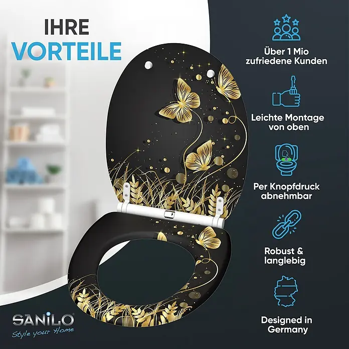 WC-Sitz mit Absenkautomatik & Top Fix Silhouette -  - Schwarzer Toilettensitz mit goldenem Schmetterlings- und Pflanzenmotiv.