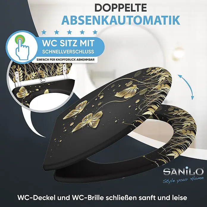 WC-Sitz mit Absenkautomatik & Top Fix Silhouette -  - Schwarzer WC-Sitz mit goldenen Schmetterlings- und Pflanzenmotiven, mit Absenkautomatik und Schnellverschluss.