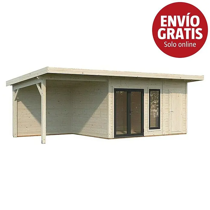 Palmako Caseta de jardín Aurelia - Medidas ext. (An x Pr): 761 x 404 cm, Madera, Natural - Caseta de jardín de madera clara con porche, puertas oscuras y ventana.