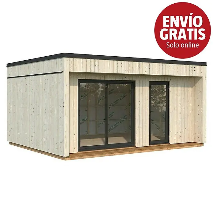 Palmako Caseta de jardín Johanna - Medidas ext. (An x Pr): 562 x 448 cm, Madera, Natural - Moderna cabaña de jardín prefabricada de madera clara con paneles, techo plano negro y puertas correderas de cristal oscuro.