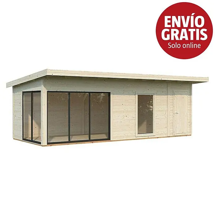 Palmako Caseta de jardín Andrea Slide Plus - Medidas ext. (An x Pr): 779 x 404 cm, Madera, Natural - Caseta de jardín de madera clara con grandes puertas correderas de cristal y una puerta de madera adicional.