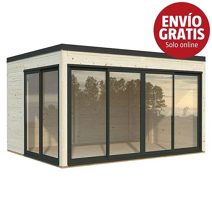 Palmako Caseta de jardín Serena Slide Plus Set 1 - L x An x Al: 320 x 420 x 250 cm, Madera, Natural - Oficina/caseta de jardín moderna de madera clara con grandes puertas correderas de cristal de marco oscuro.