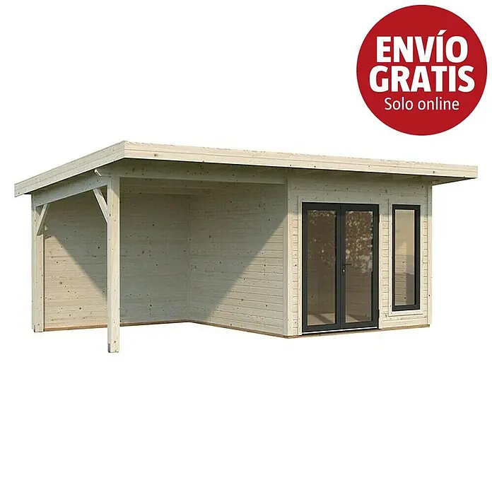 Palmako Caseta de jardín Aurelia - Medidas ext. (An x Pr): 621 x 404 cm, Madera, Natural - Caseta de jardín de madera clara con porche cubierto y puertas y ventana de cristal con marco oscuro.
