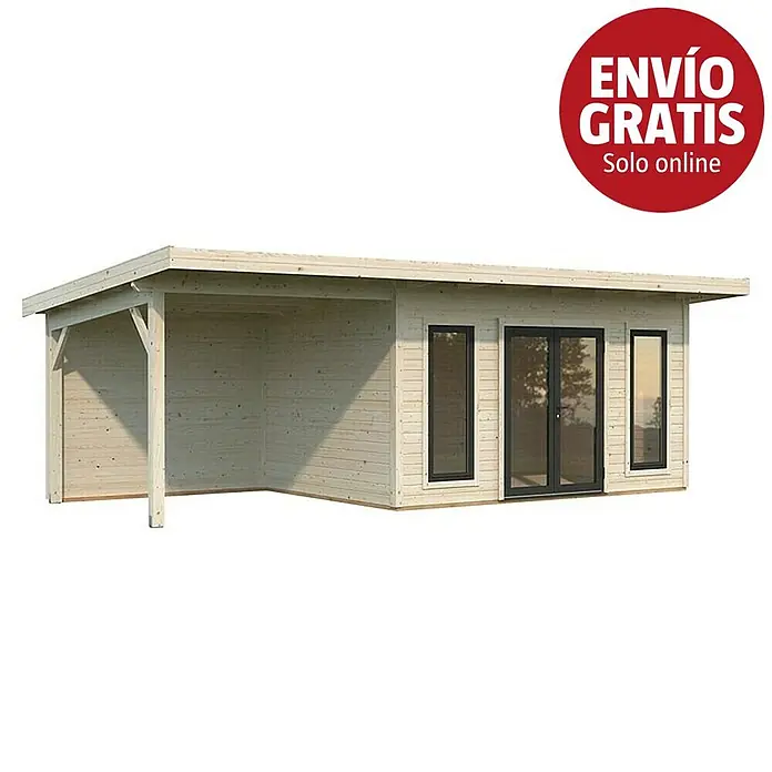 Palmako Caseta de jardín Aurelia - Medidas ext. (An x Pr): 771 x 404 cm, Madera, Natural - Caseta de jardín de madera clara con porche cubierto integrado.