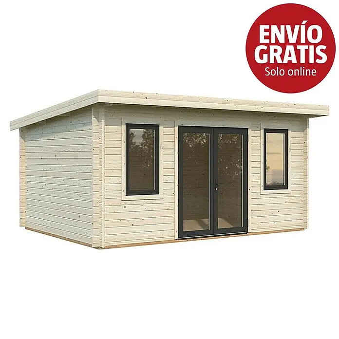 Palmako Caseta de jardín Lisandra - Medidas ext. (An x Pr): 494 x 394 cm, Madera, Natural - Caseta de jardín de madera clara con ventanas y puertas dobles de marco oscuro.