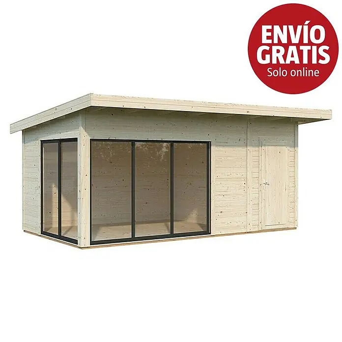 Palmako Caseta de jardín Andrea Slide Plus - Medidas ext. (An x Pr): 574 x 404 cm, Madera, Natural - Caseta de jardín de madera clara con grandes ventanales de cristal con marcos negros, puerta lateral y círculo rojo "ENVÍO GRATIS Solo online" arriba a la derecha.