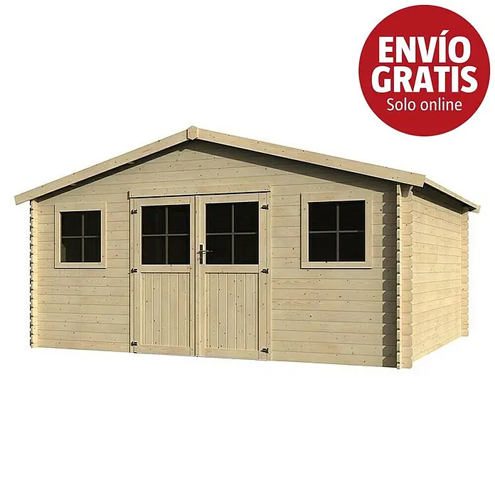Décor et Jardin Caseta de jardín Floridan II - Medidas ext. (An x Pr): 509 x 402 cm, Madera, Natural - Caseta de jardín de madera clara con puertas dobles, varias ventanas y un distintivo rojo de 'ENVÍO GRATIS Solo online'.