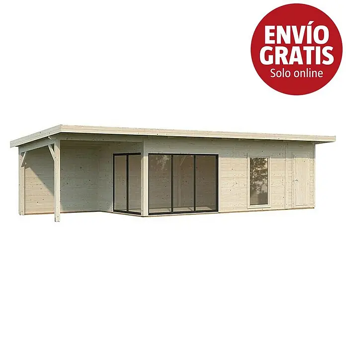 Palmako Caseta de jardín Andrea Slide Plus - Medidas ext. (An x Pr): 1.060 x 404 cm, Madera, Natural - Caseta de jardín de madera clara con grandes puertas correderas de cristal y un porche cubierto.
