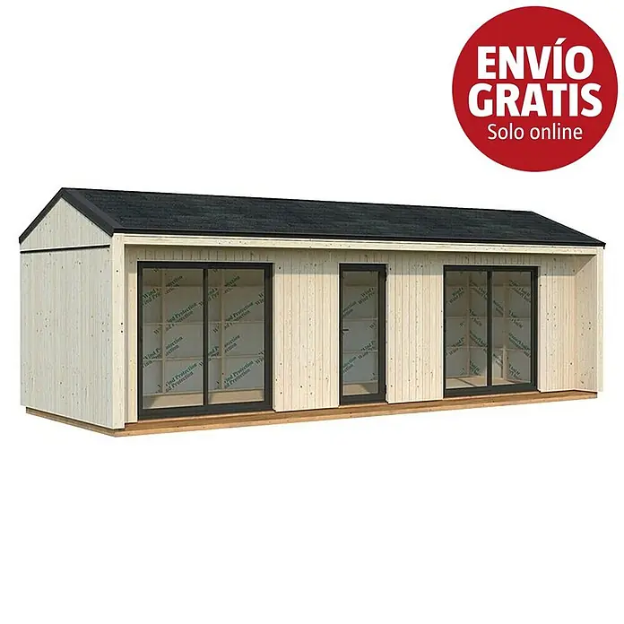 Palmako Caseta de jardín Rebekka - Medidas ext. (An x Pr): 901 x 339 cm, Madera, Natural - Caseta modular de madera clara con techo a dos aguas negro y grandes puertas correderas de cristal con marco negro.